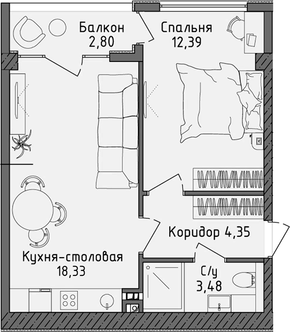 Планировка — Ласка, 2-комн., 39 м²