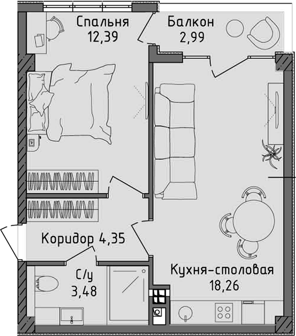 Планировка — Ласка, 2-комн., 38 м²