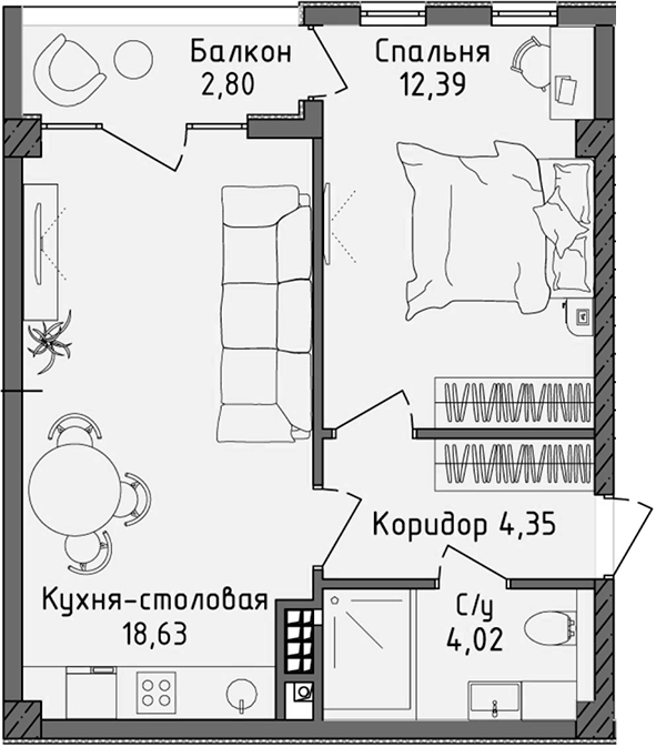 Планировка — Ласка, 2-комн., 39 м²