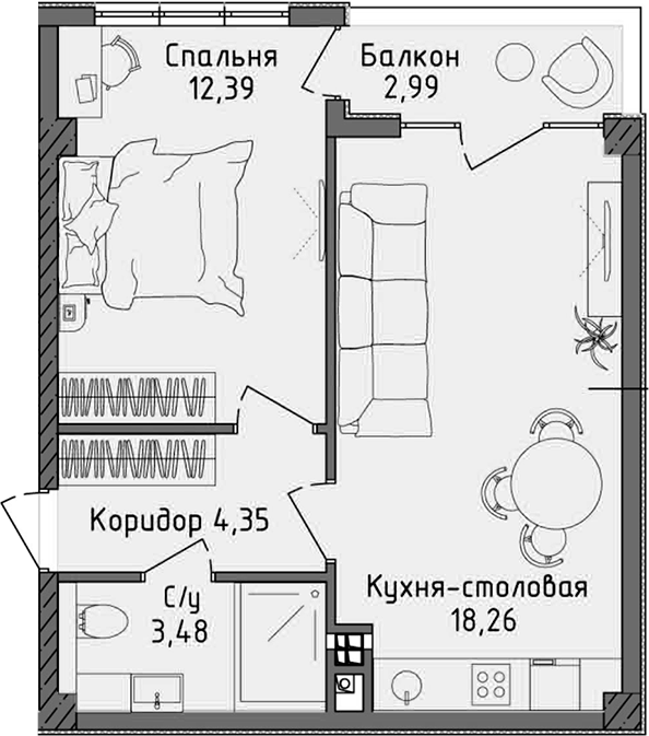 Планировка — Ласка, 2-комн., 38 м²