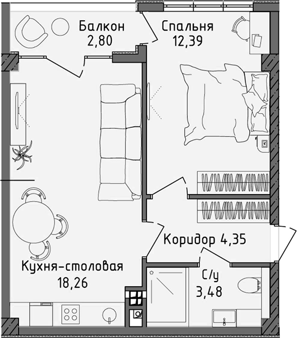 Планировка — Ласка, 2-комн., 38 м²