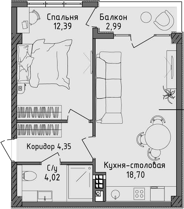 Планировка — Ласка, 2-комн., 39 м²