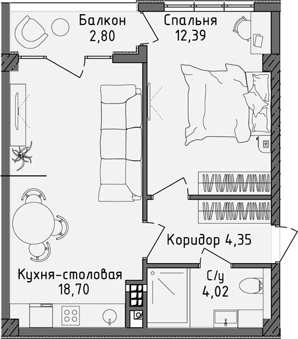 Планировка — Ласка, 2-комн., 39 м²