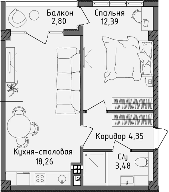 Планировка — Ласка, 2-комн., 38 м²