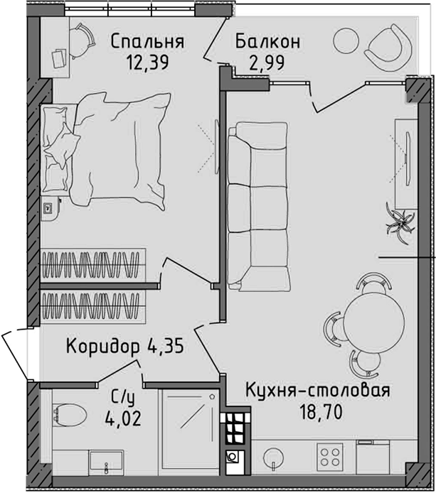 Планировка — Ласка, 2-комн., 39 м²