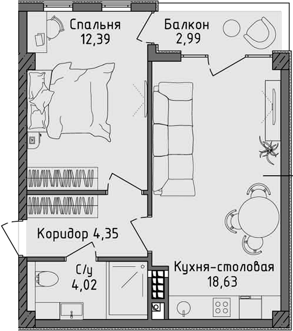 Планировка — Ласка, 2-комн., 39 м²