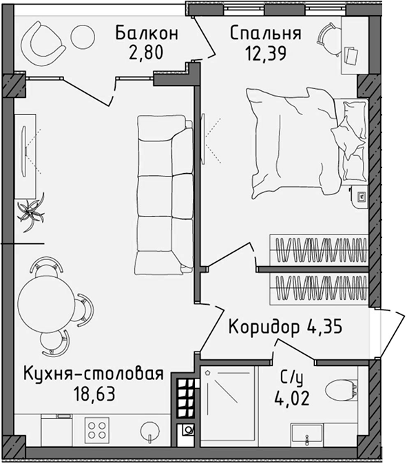 Планировка — Ласка, 2-комн., 39 м²