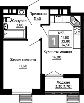 Планировка — Традиции, 1-комн., 33 м²