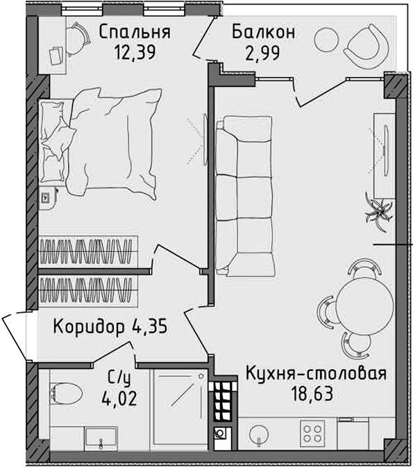 Планировка — Ласка, 2-комн., 39 м²