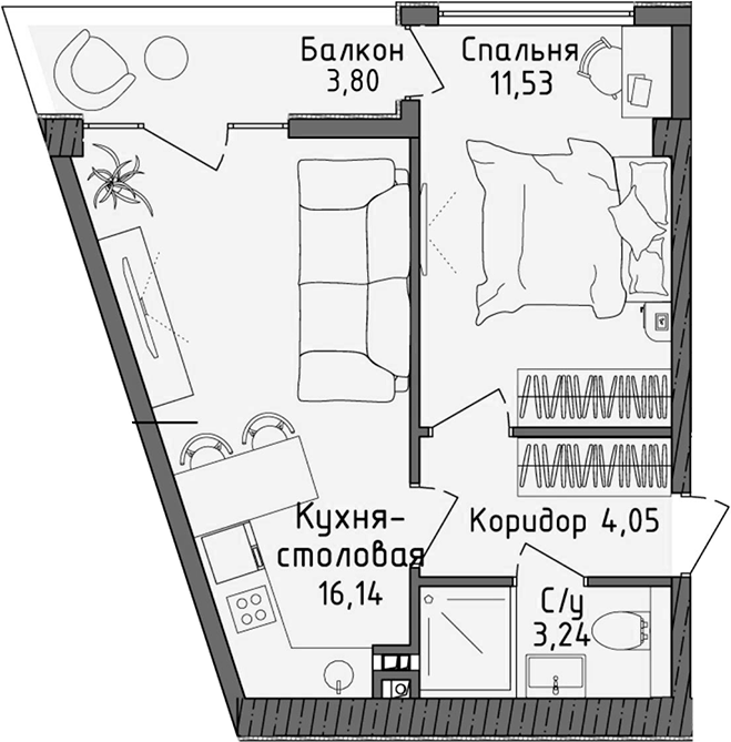 Планировка — Ласка, 2-комн., 35 м²