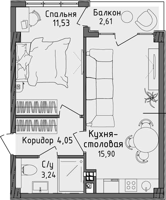 Планировка — Ласка, 2-комн., 35 м²