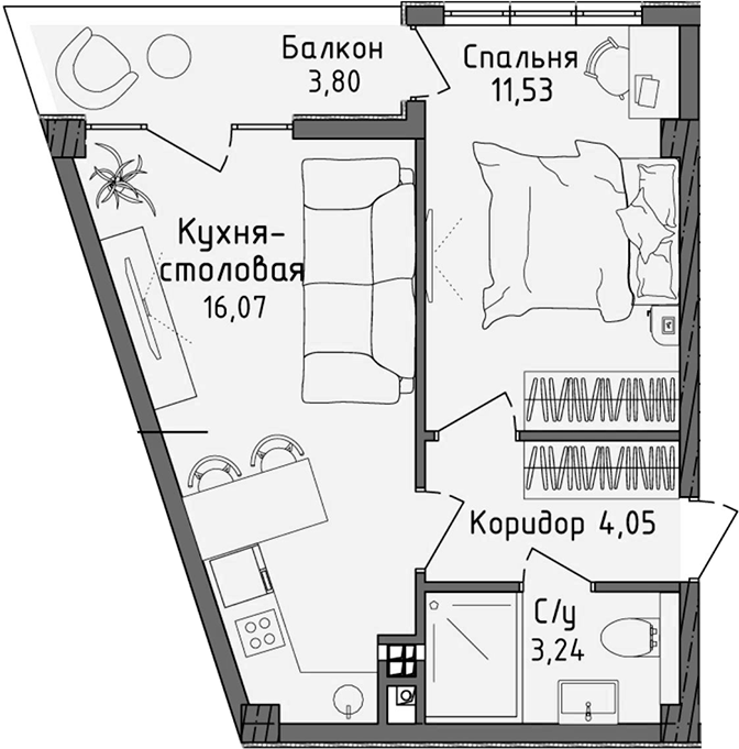 Планировка — Ласка, 2-комн., 35 м²