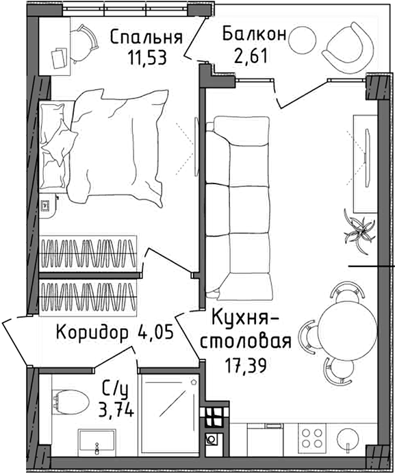 Планировка — Ласка, 2-комн., 37 м²