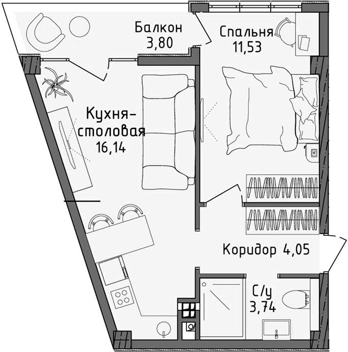 Планировка — Ласка, 2-комн., 35 м²