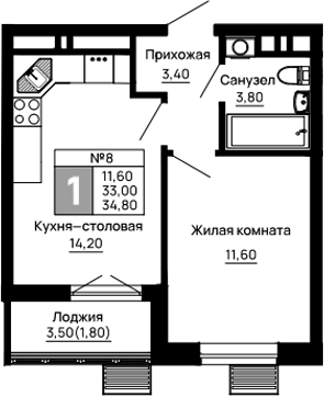 Планировка — Традиции, 1-комн., 33 м²