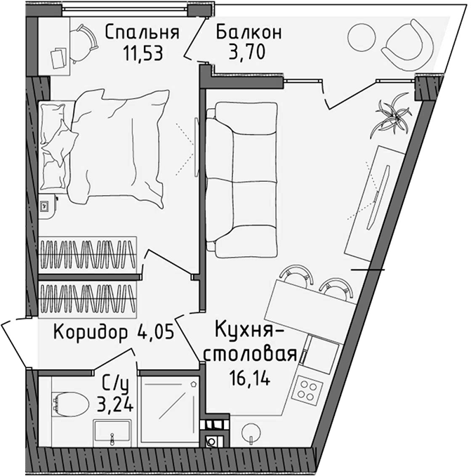 Планировка — Ласка, 2-комн., 35 м²