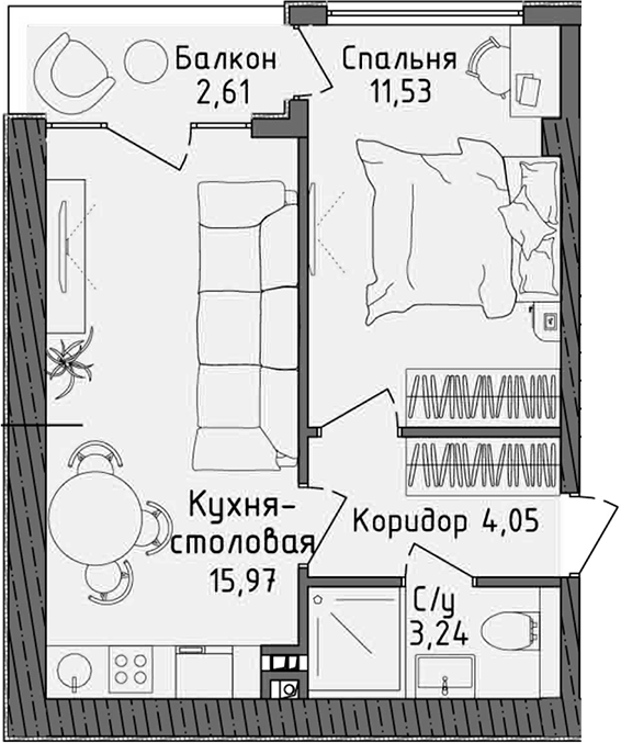 Планировка — Ласка, 2-комн., 35 м²