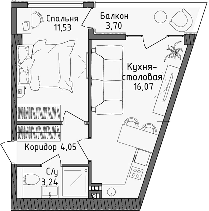 Планировка — Ласка, 2-комн., 35 м²