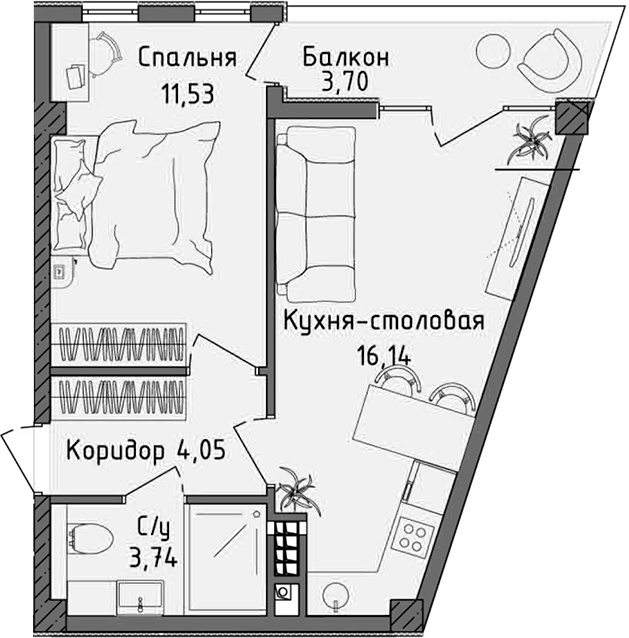 Планировка — Ласка, 2-комн., 35 м²