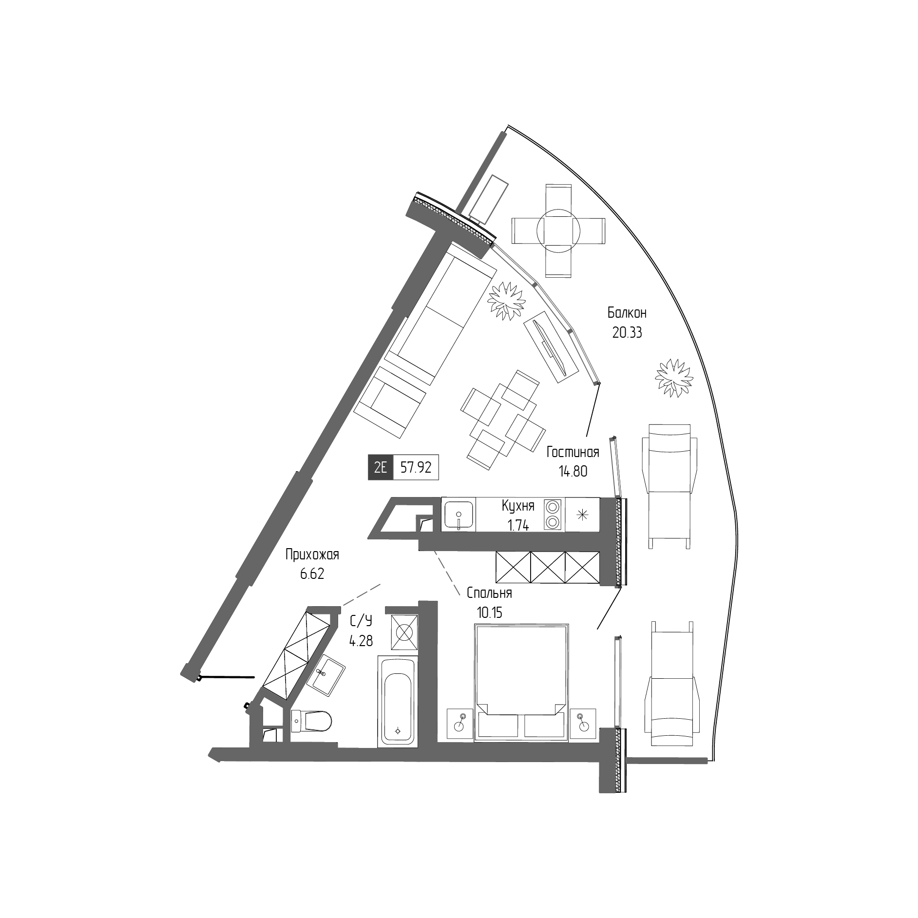 Планировка — Крымская Резиденция, 2-комн., 38 м²