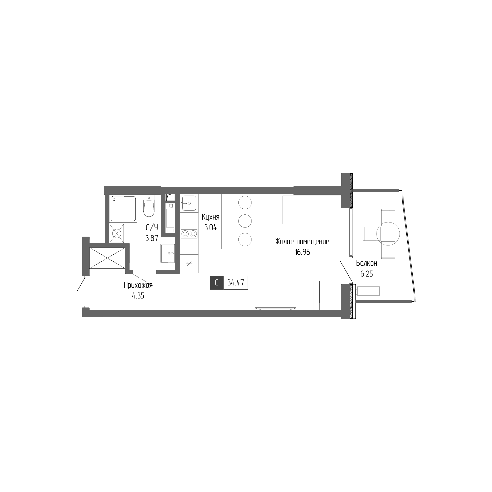Планировка — Крымская Резиденция, Студия, 28 м²