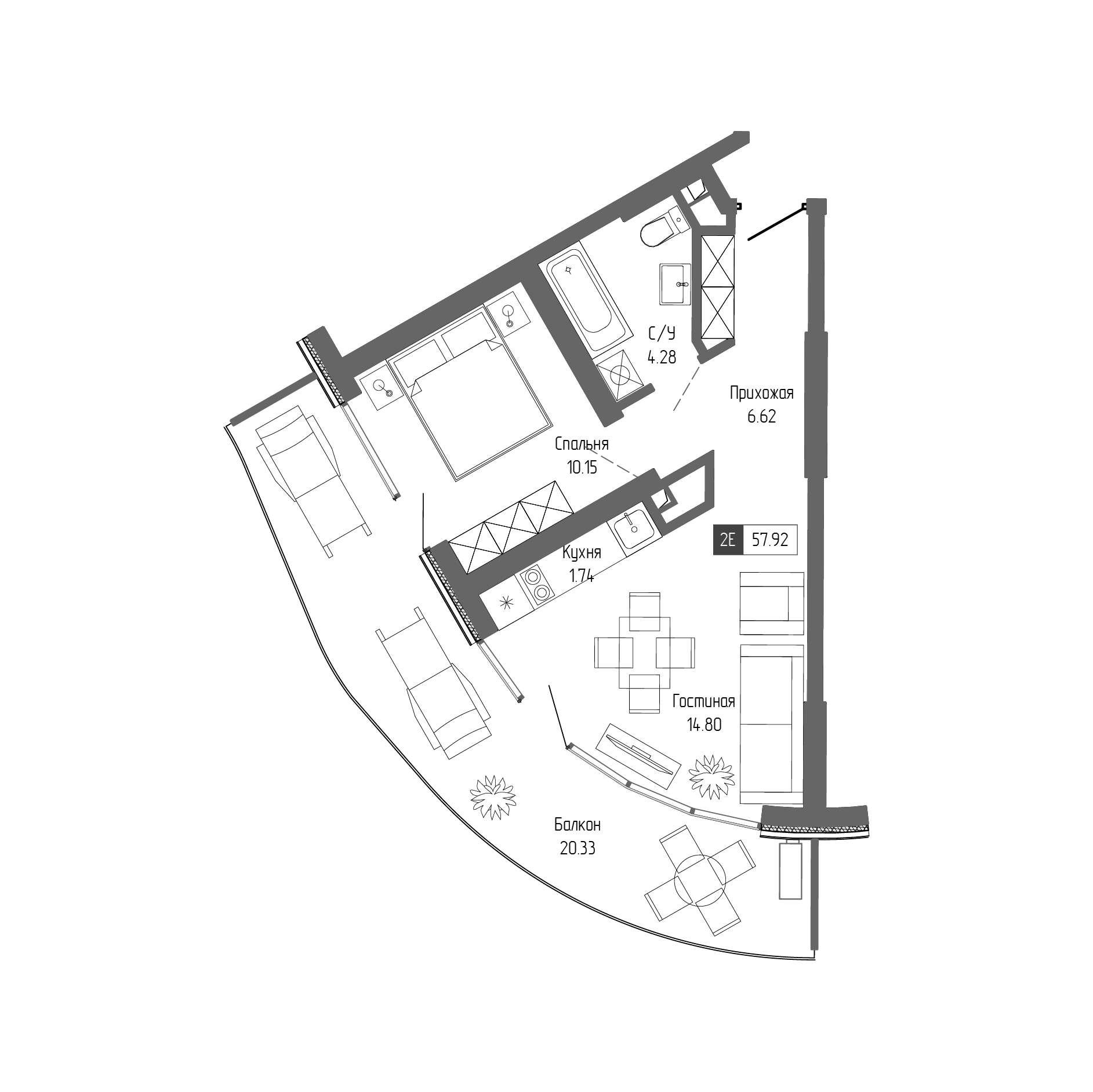 Планировка — Крымская Резиденция, 2-комн., 38 м²