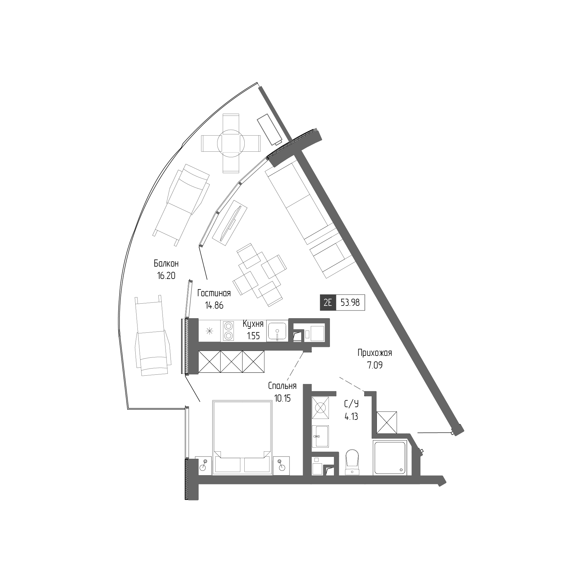 Планировка — Крымская Резиденция, 2-комн., 38 м²