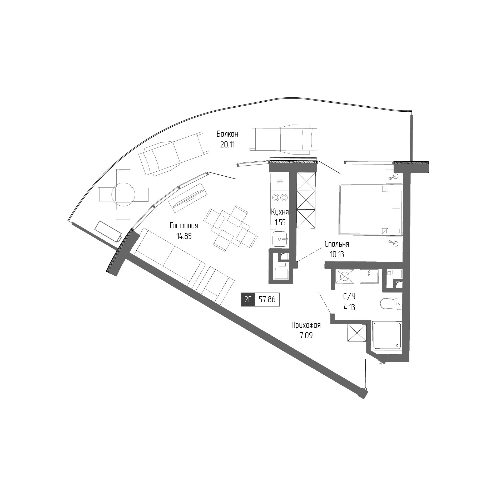 Планировка — Крымская Резиденция, 2-комн., 38 м²