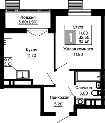 Планировка — Традиции, 1-комн., 33 м²