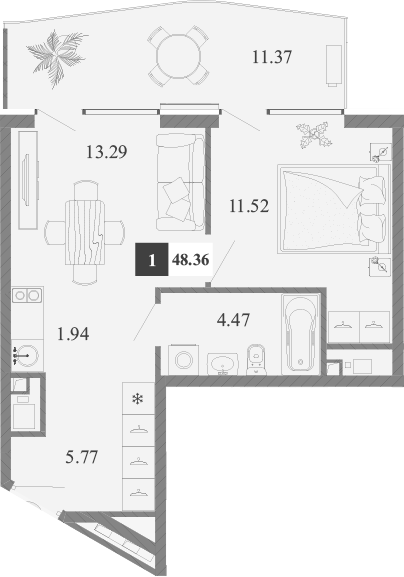 Планировка — Крымская Резиденция, 1-комн., 37 м²