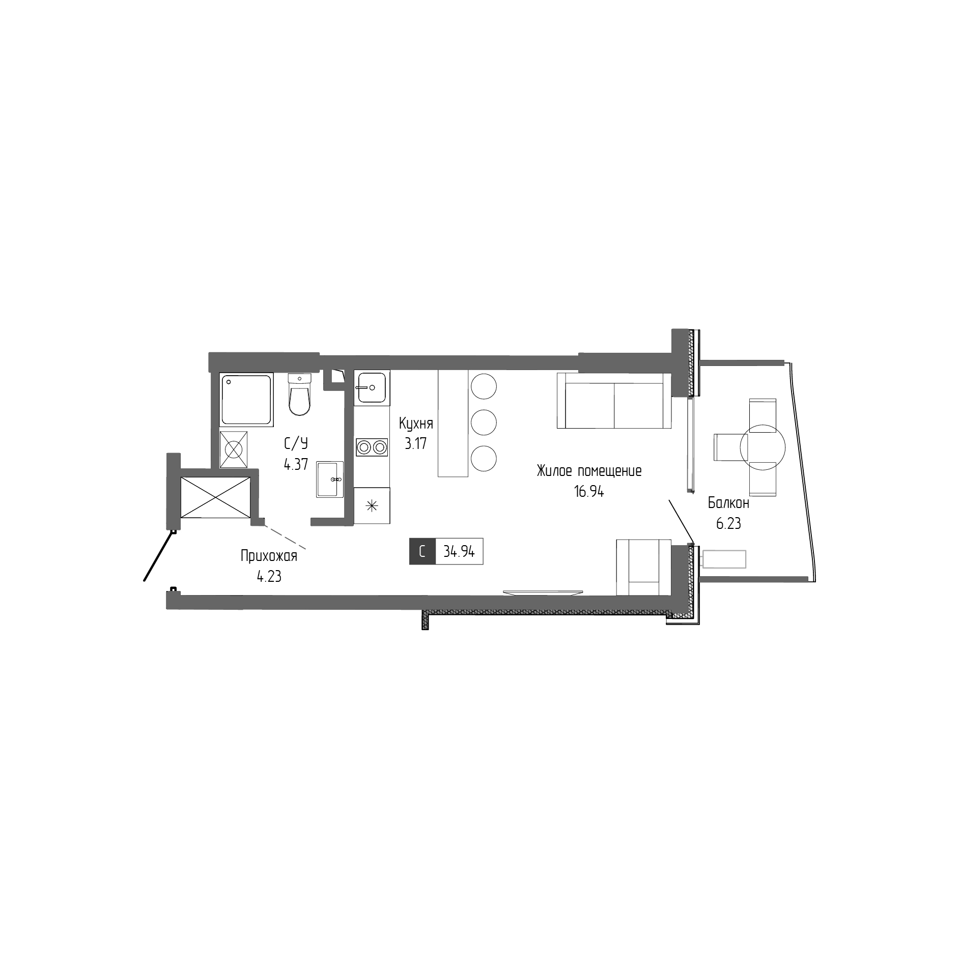 Планировка — Крымская Резиденция, Студия, 29 м²