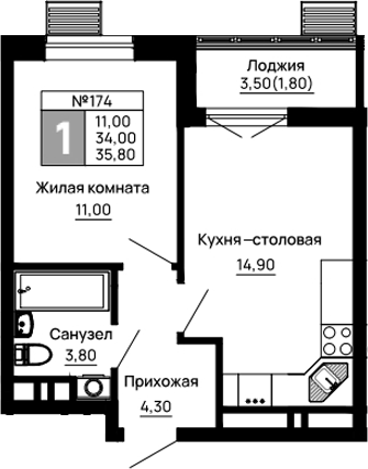 Планировка — Традиции, 1-комн., 34 м²