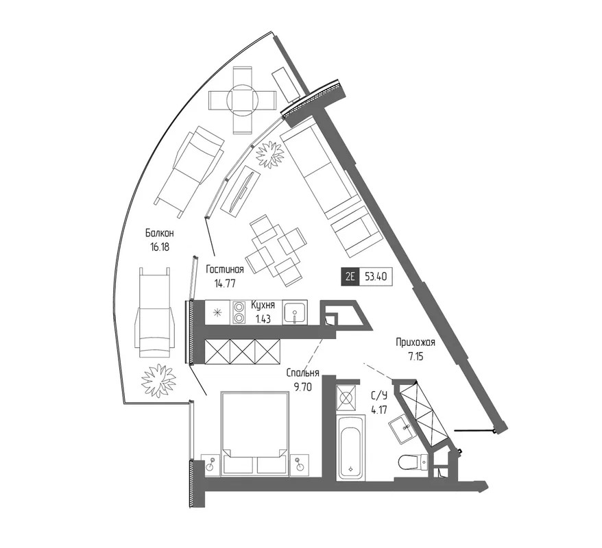 Планировка — Крымская Резиденция, 2-комн., 37 м²