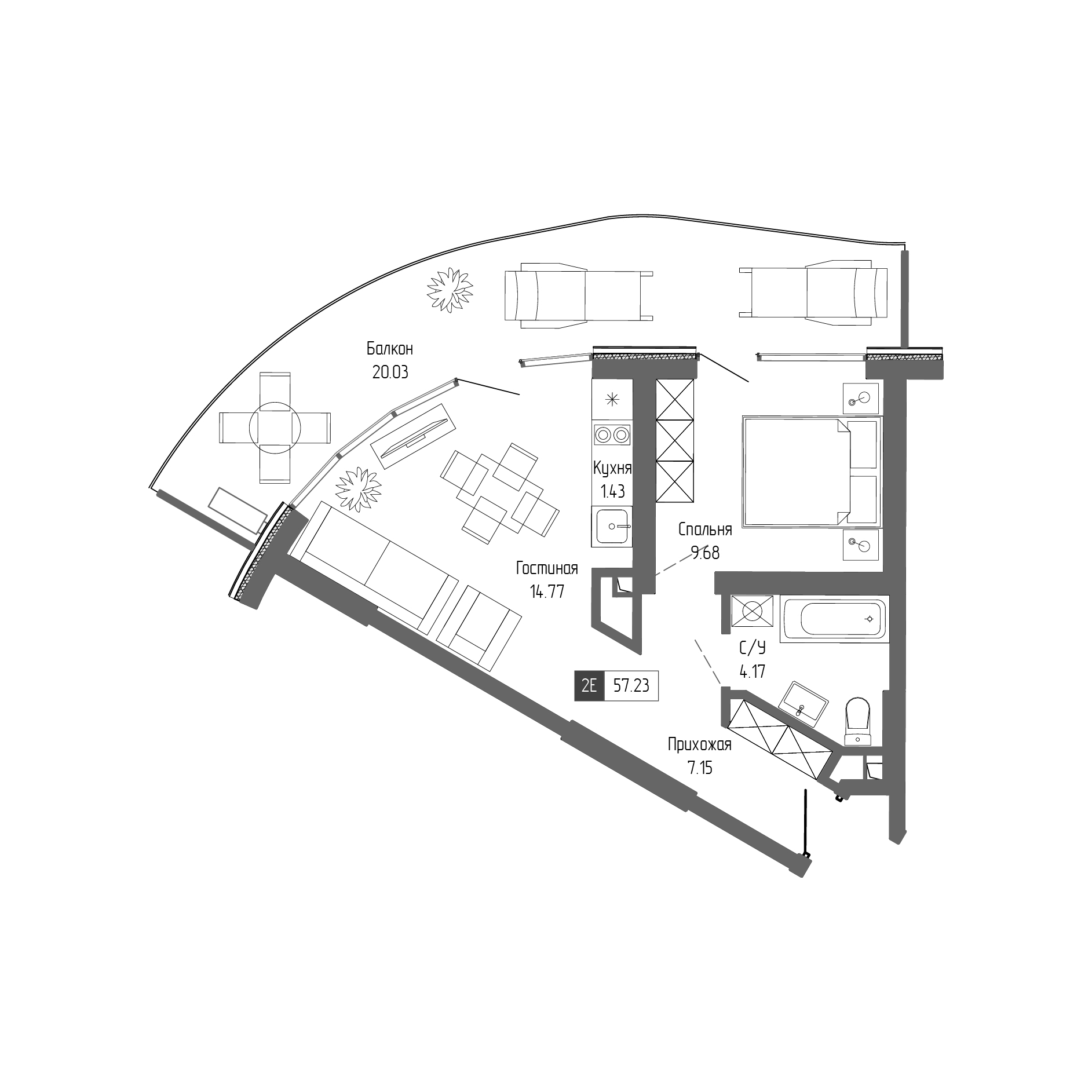 Планировка — Крымская Резиденция, 2-комн., 37 м²
