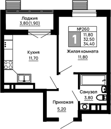 Планировка — Традиции, 1-комн., 33 м²