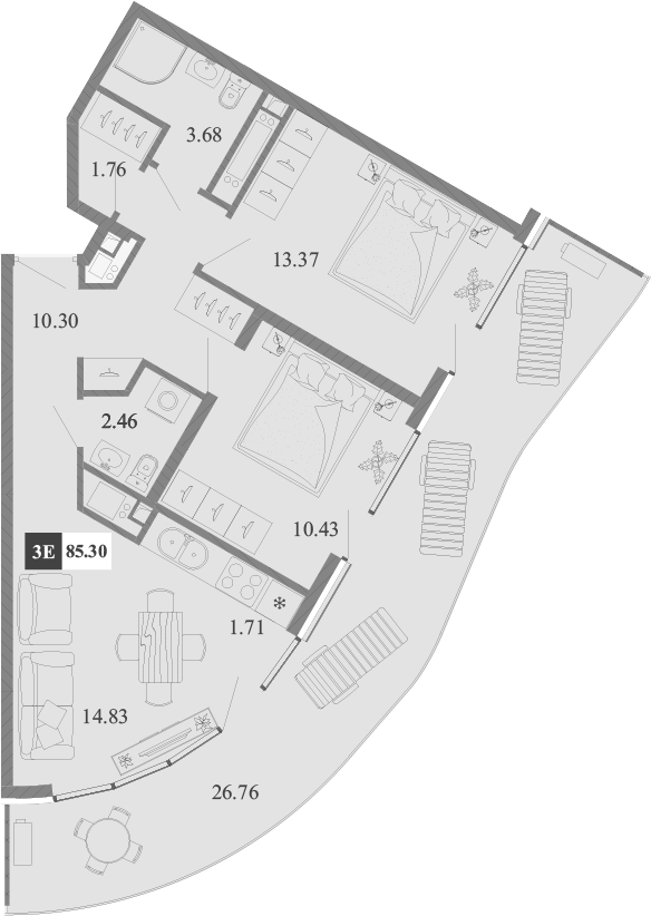 Планировка — Крымская Резиденция, 3-комн., 59 м²