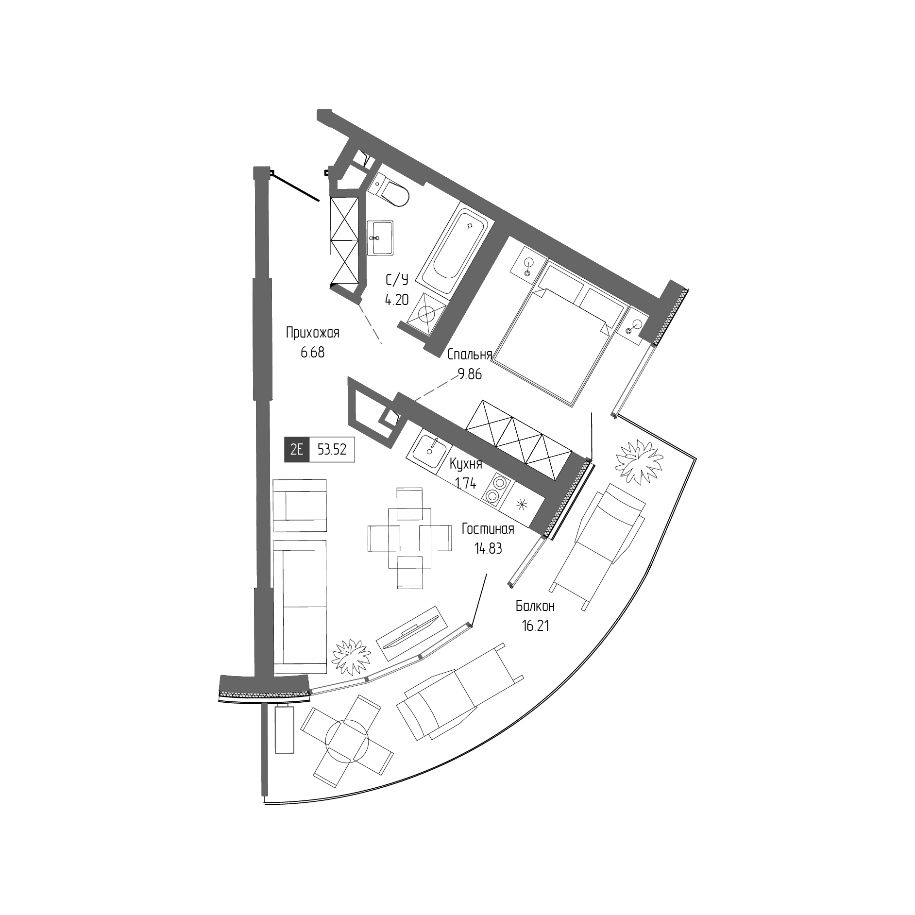 Планировка — Крымская Резиденция, 2-комн., 37 м²