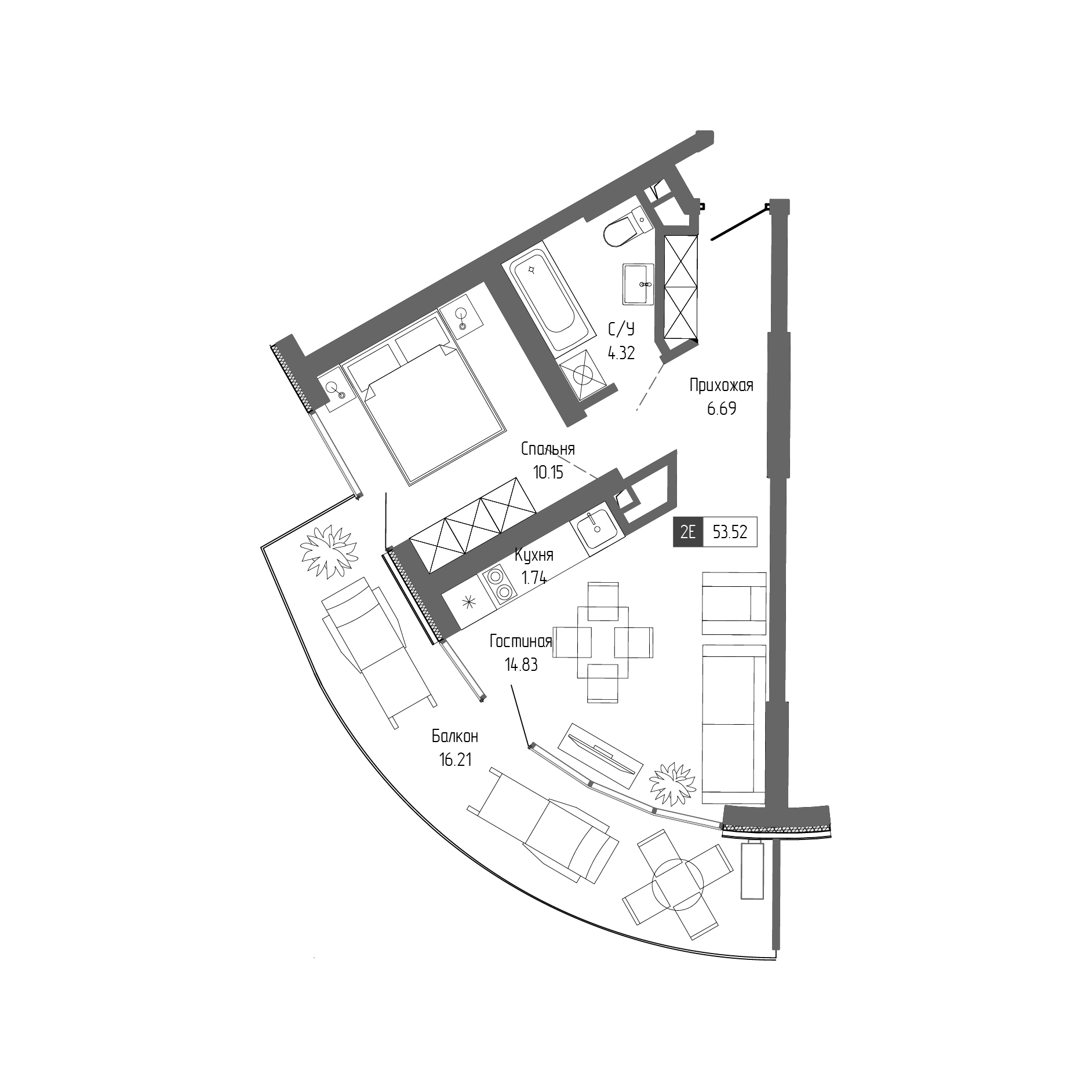 Планировка — Крымская Резиденция, 2-комн., 37 м²