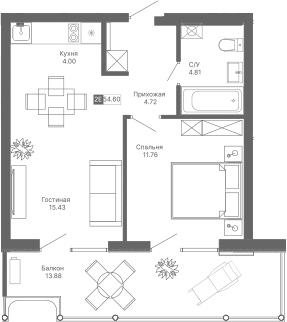 Планировка — Крымская Резиденция, 2-комн., 41 м²