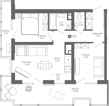 Планировка — Крымская Резиденция, 3-комн., 46 м²