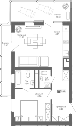 Планировка — Крымская Резиденция, 2-комн., 44 м²