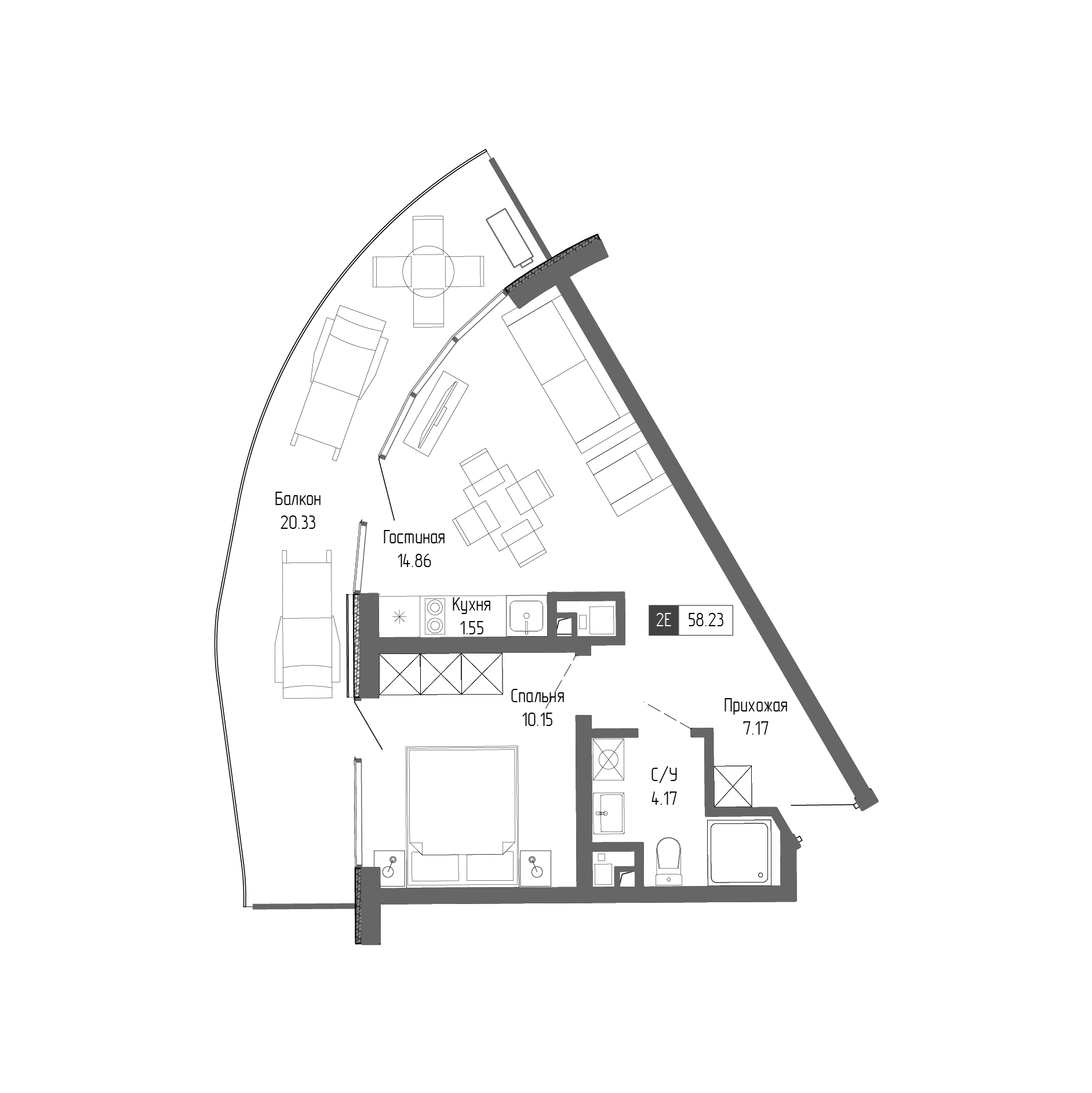 Планировка — Крымская Резиденция, 2-комн., 38 м²