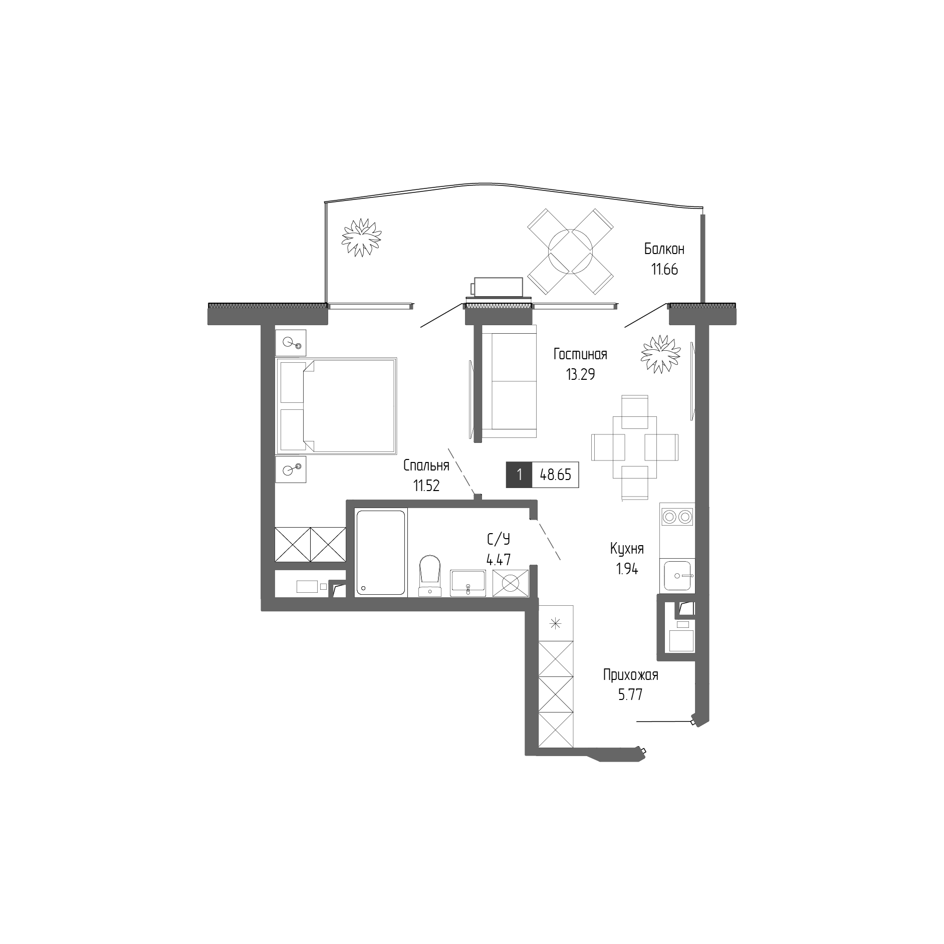 Планировка — Крымская Резиденция, 2-комн., 37 м²