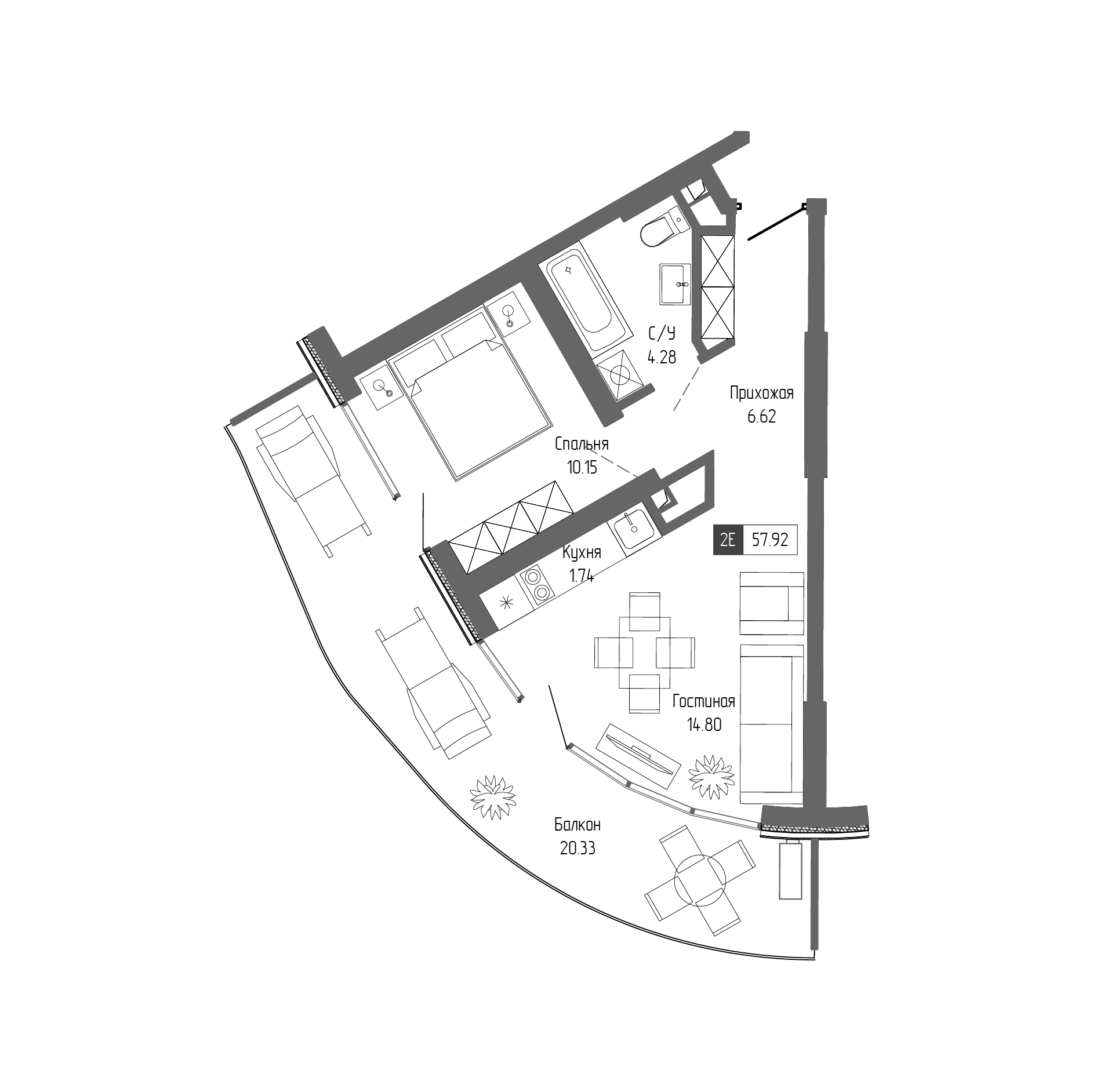 Планировка — Крымская Резиденция, 2-комн., 38 м²