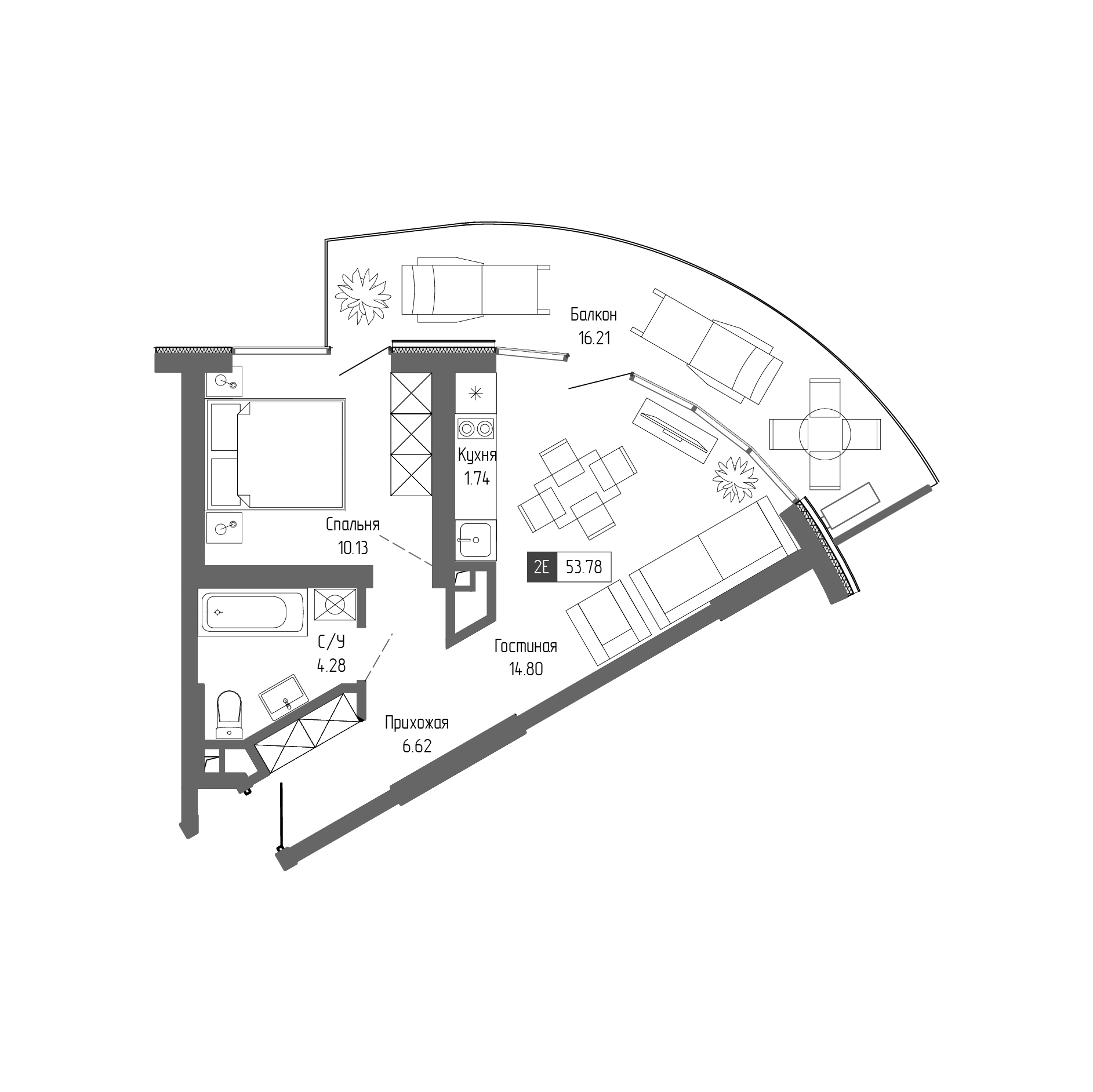Планировка — Крымская Резиденция, 2-комн., 38 м²
