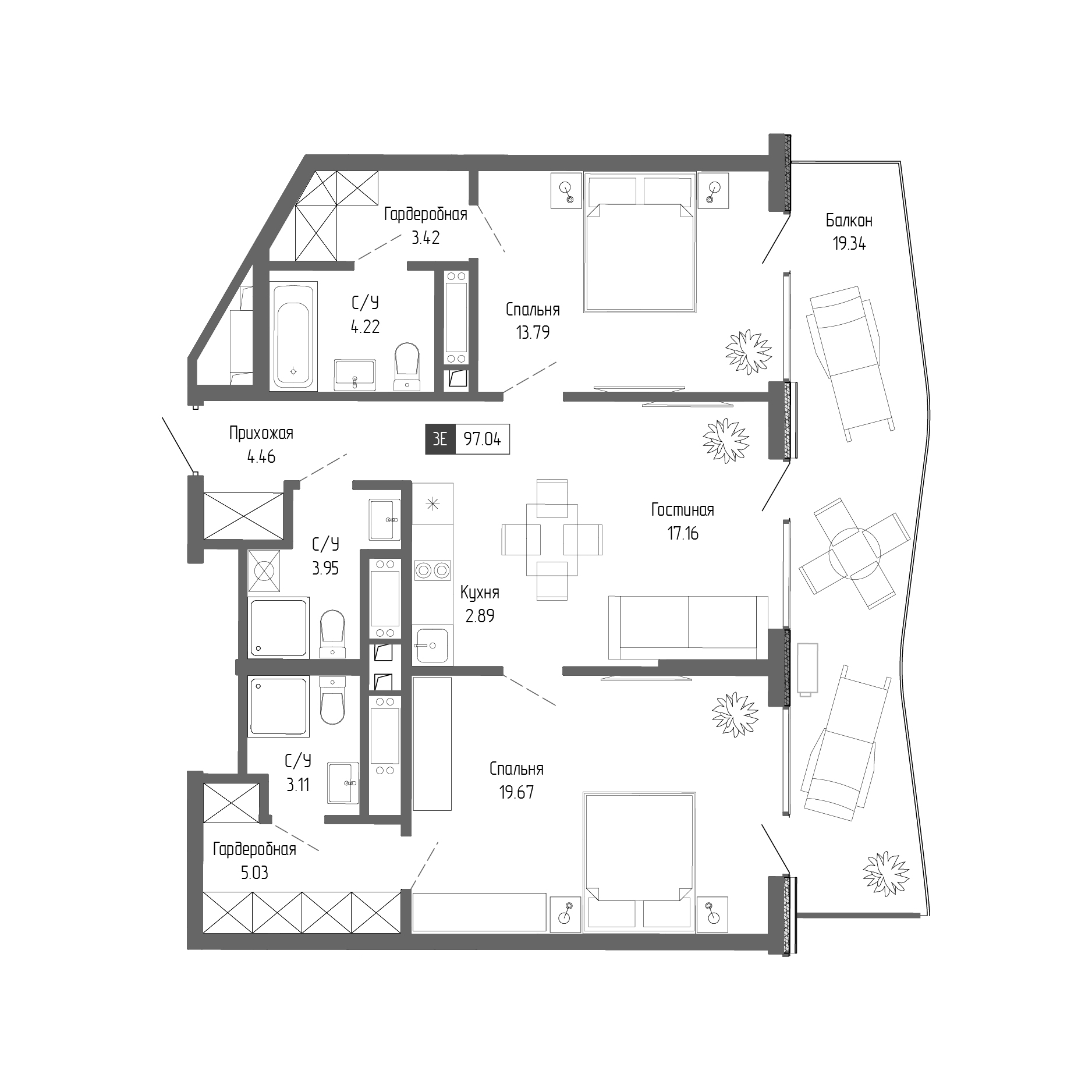Планировка — Крымская Резиденция, 3-комн., 78 м²
