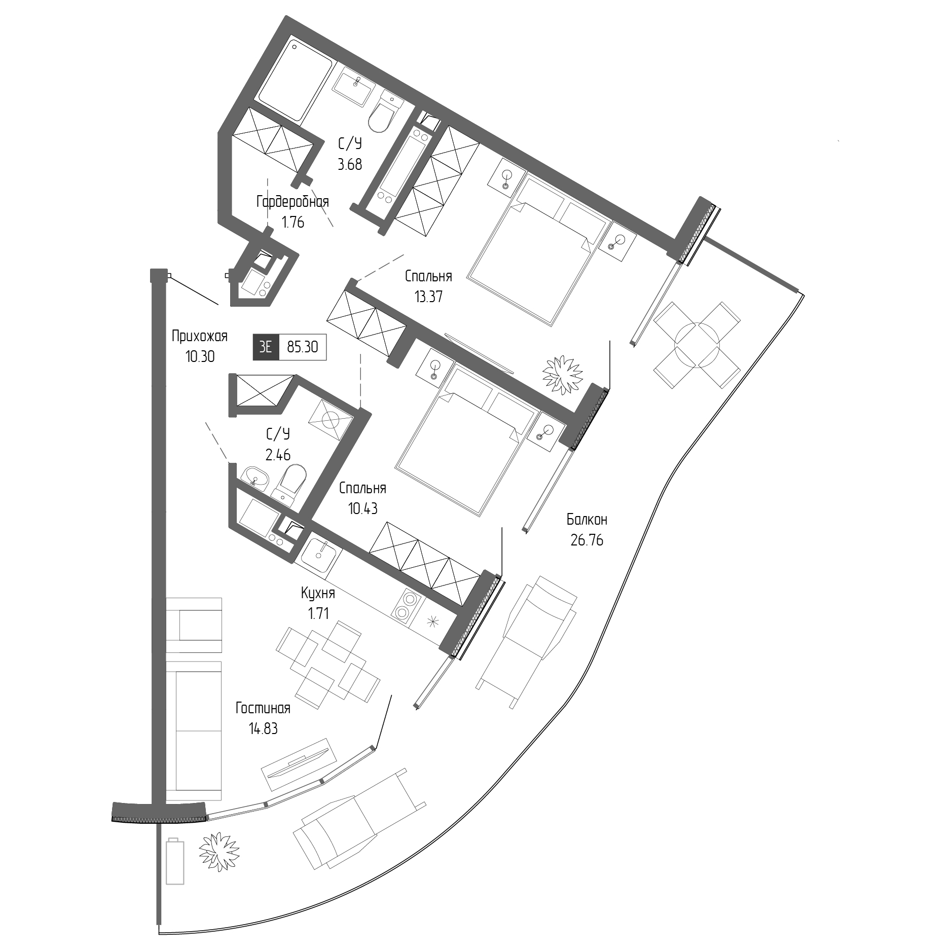 Планировка — Крымская Резиденция, 3-комн., 59 м²