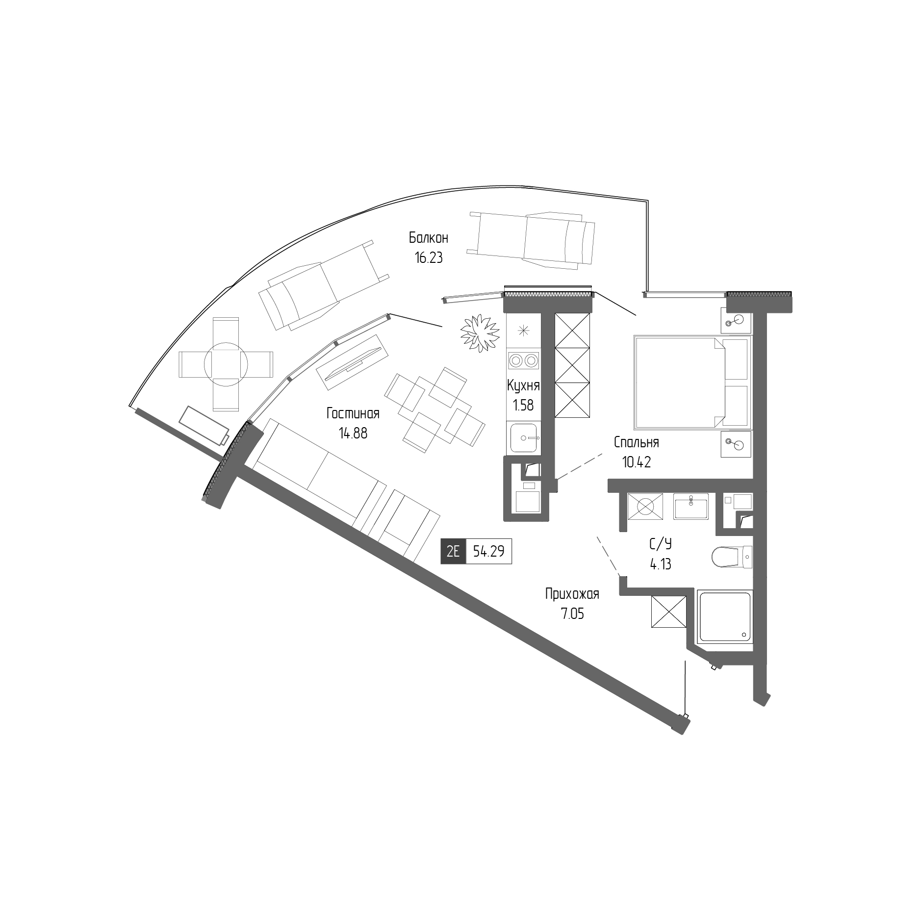 Планировка — Крымская Резиденция, 2-комн., 38 м²