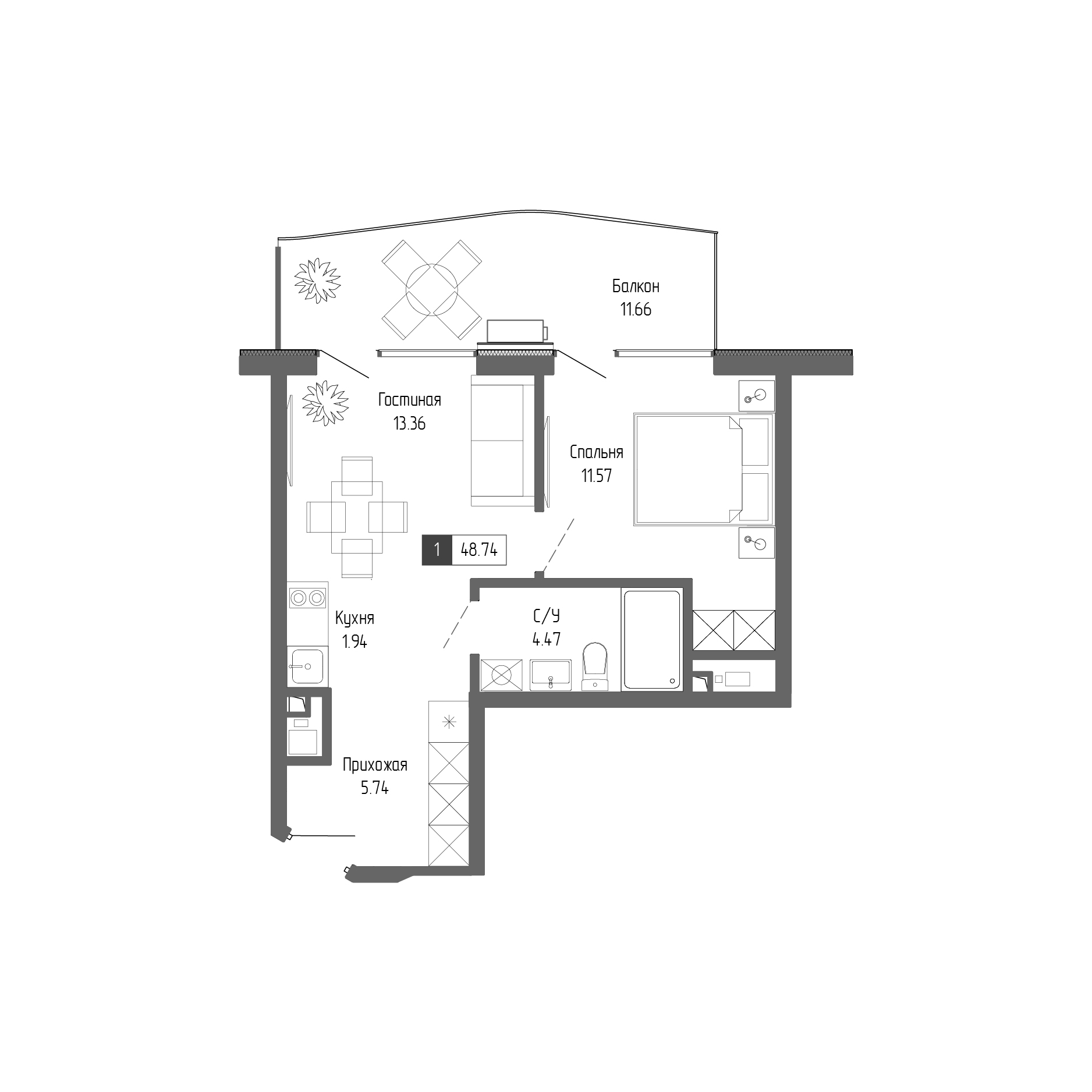 Планировка — Крымская Резиденция, 2-комн., 37 м²