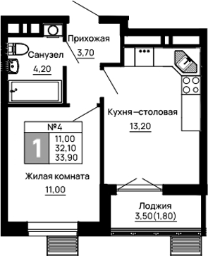 Планировка — Традиции, 1-комн., 32 м²